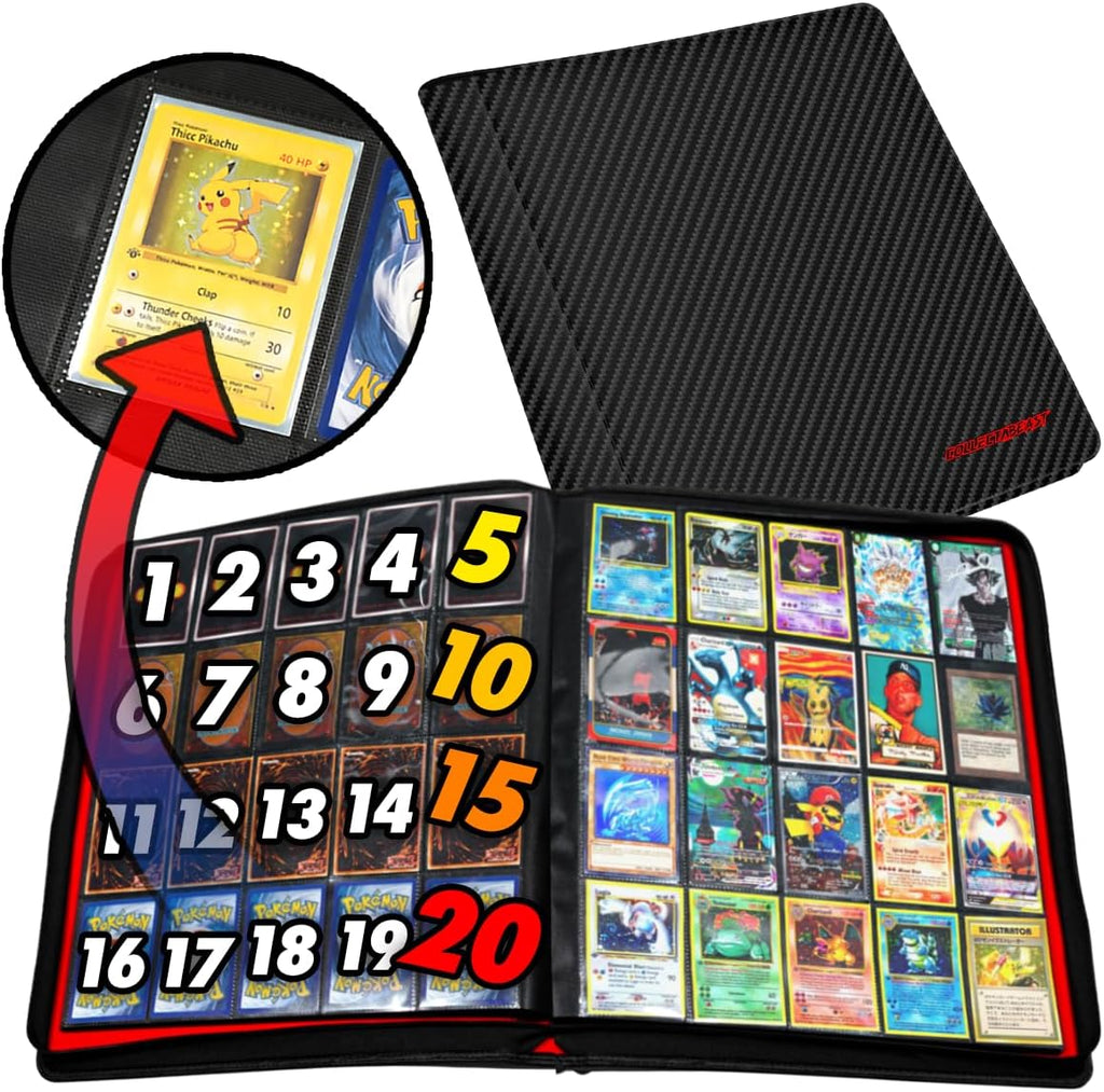1280+ Cards 20 Pocket Card Binder Collector Card Album - Pages Compatible with Pokemon Cards, Sports Cards, Yugioh, MTG and Other TCG - Trading Card Sleeve with Side Loading Pockets (White/Red)